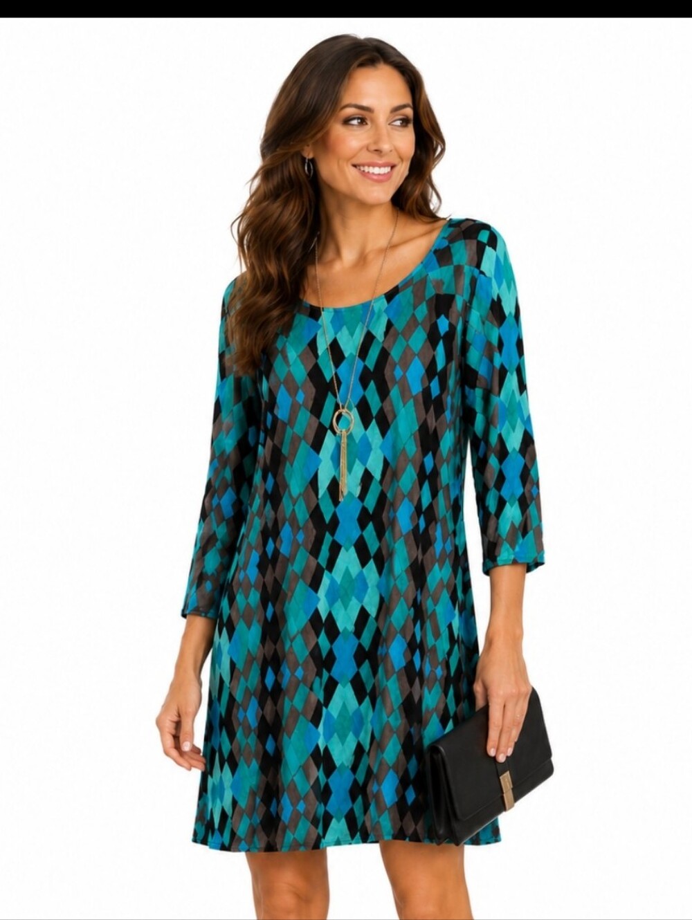 Escapada Blue Green Geometric Harlequin Style Print Midi Swing Dress Sz Lg